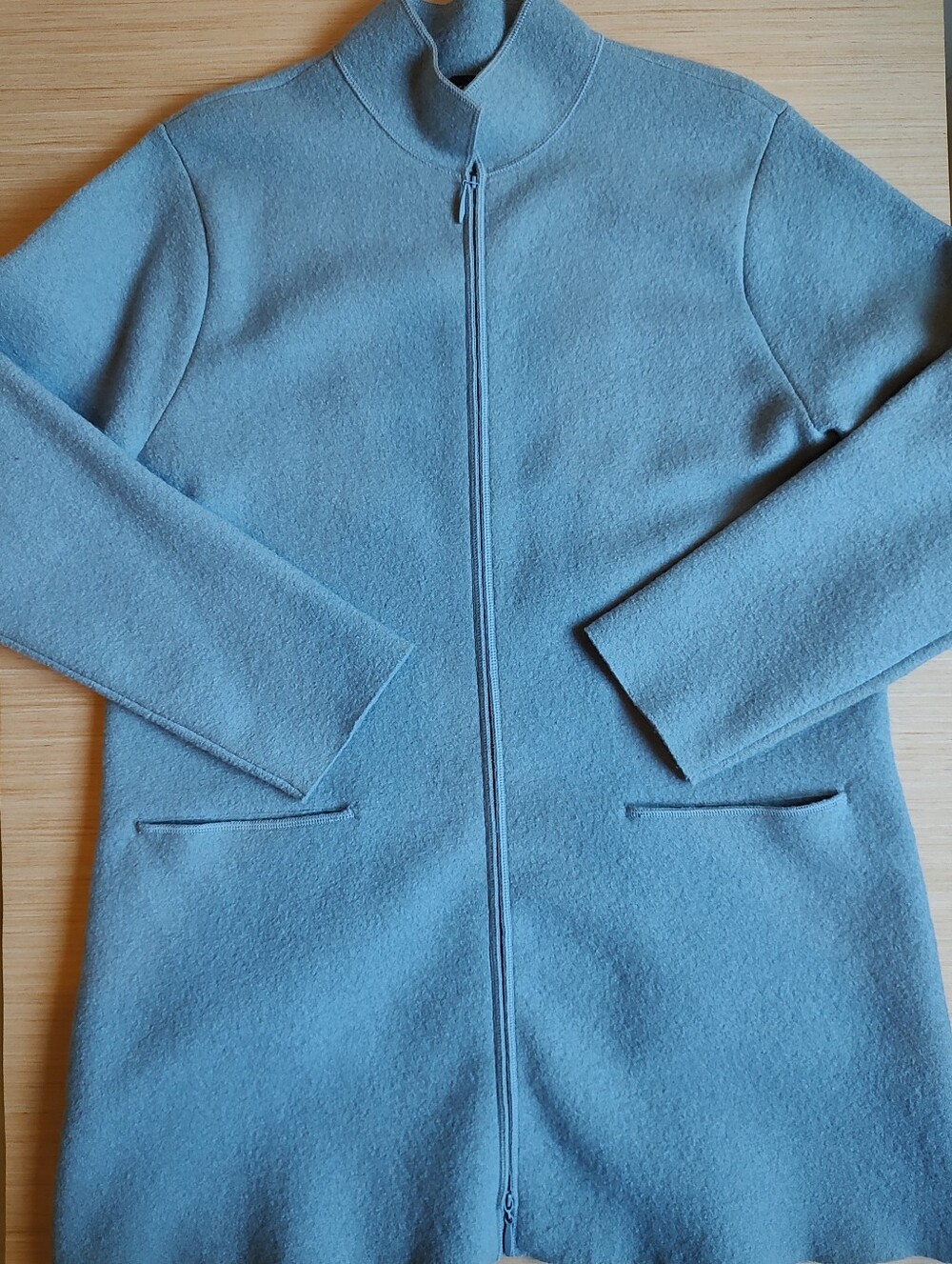 Eileen Fisher 100% Wool Zip Coat Pockets Blue Mock Neck Minimalist Timeless L